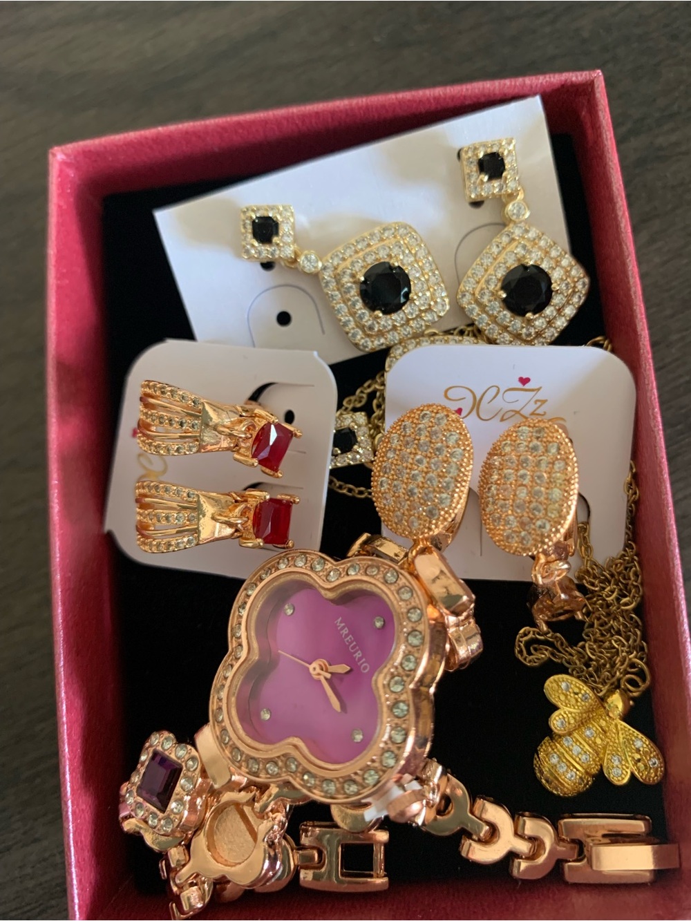 Two Different Gold-Toned Jewelry Set! Necklaces, Earrings & Purple Dial Watch!!